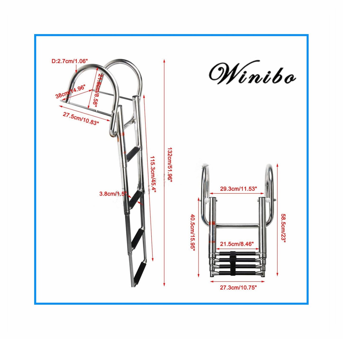 Stainless Steel Folding Escalator with 4 Section for Marine boat, Wide Anti-Slip Pedal, Telescoping Extendable Ladder