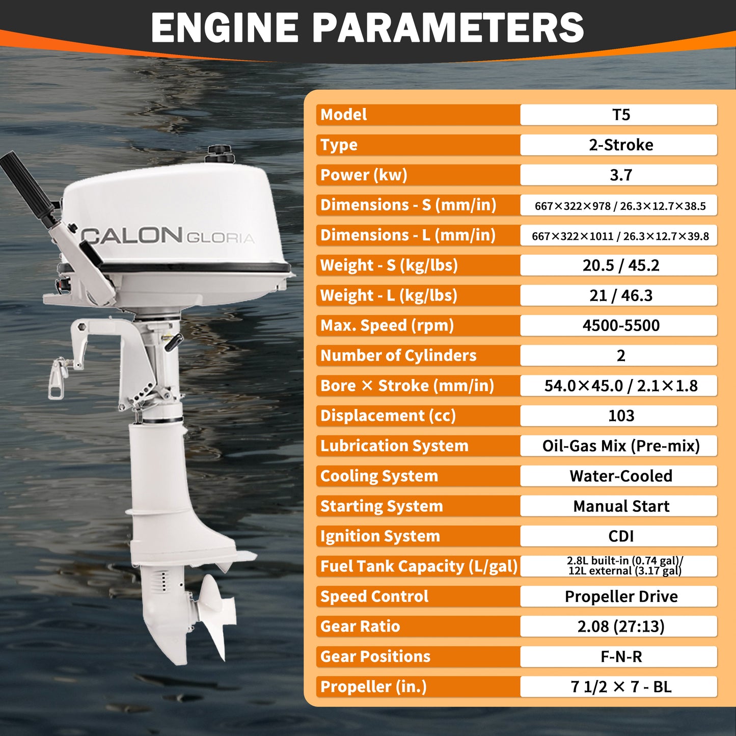 2 Stroke 5HP Calon Outboard Motor with Fuel Tank, 103cc Heavy Duty Short Shaft Fishing Boat Engine with Water Cooling System & CDI Ignition System for Inflatable Boat Kayak Canoe Sailboat