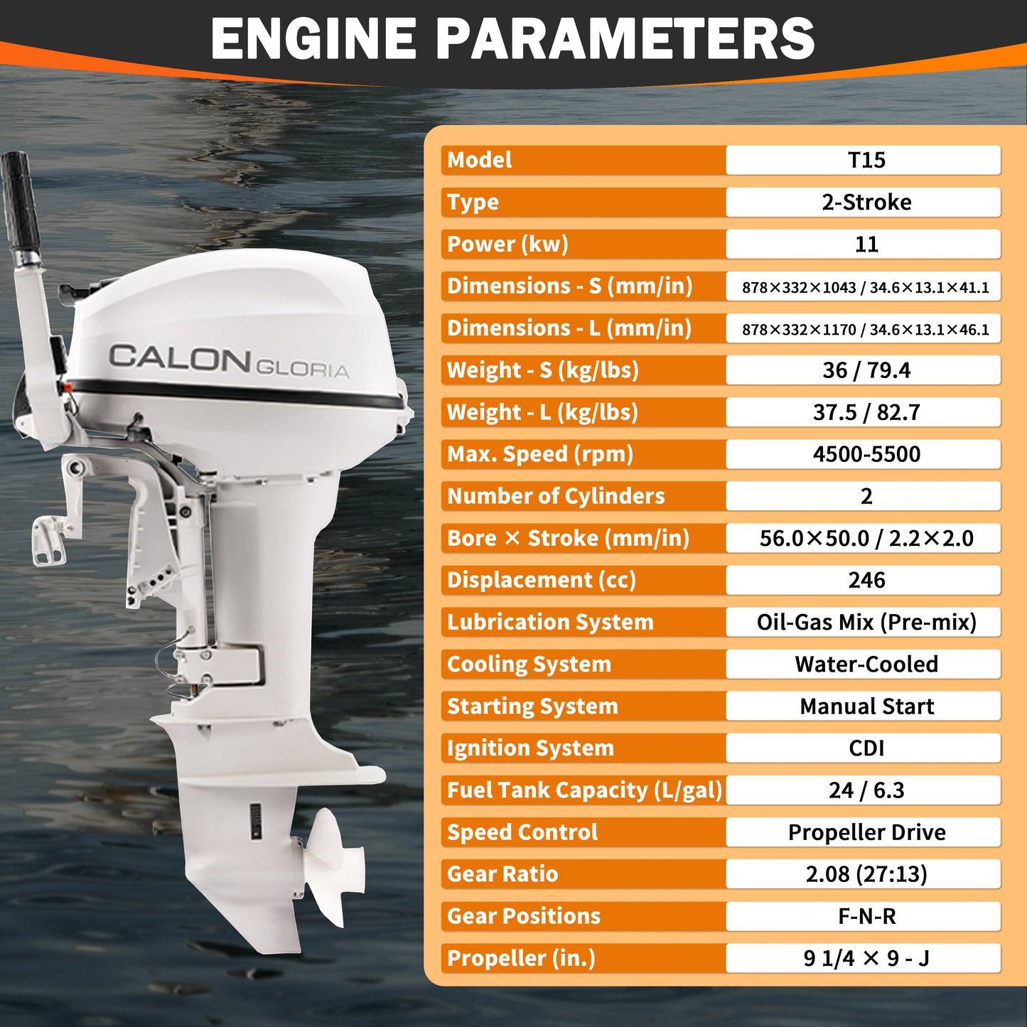 2 Stroke 15HP Calon Outboard Motor with Fuel Tank, 246cc Heavy Duty Long Shaft Fishing Boat Engine with Water Cooling System & CDI Ignition System for Inflatable Boat Kayak Canoe Sailboat