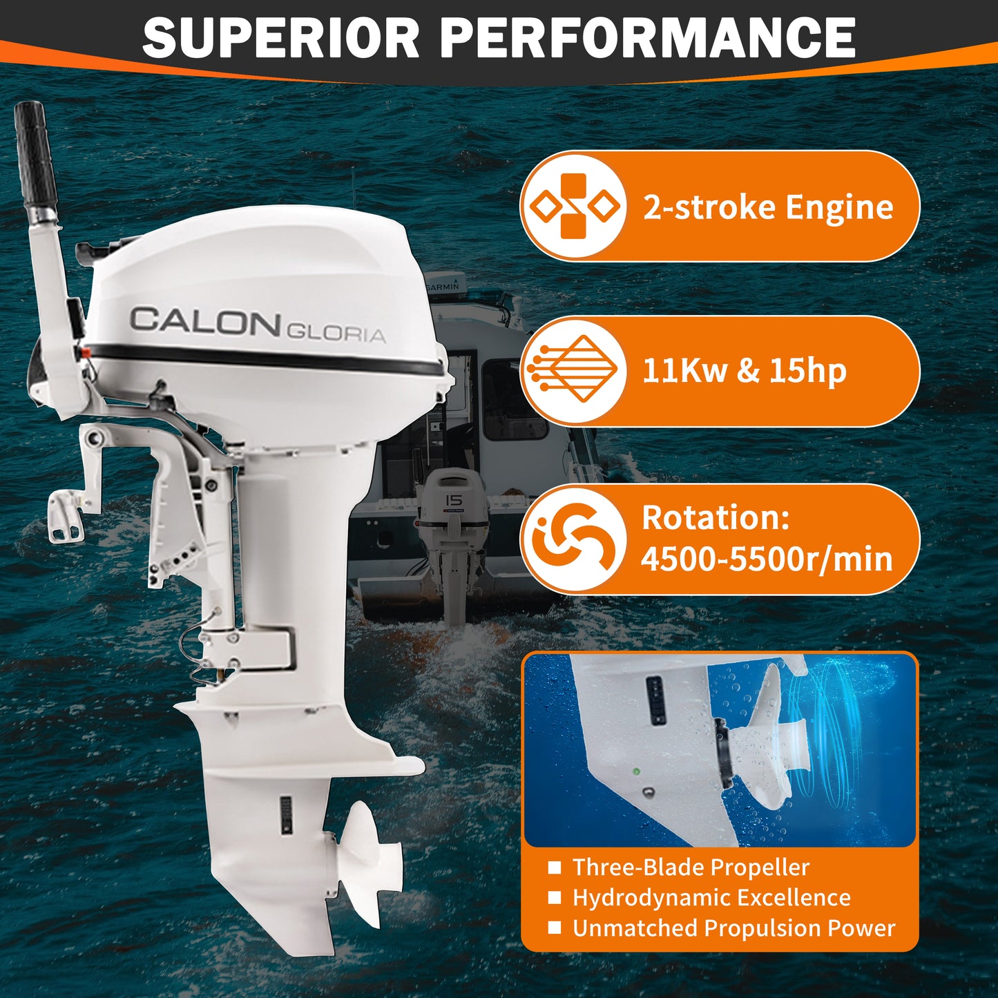 2 Stroke 15HP Calon Outboard Motor with Fuel Tank, 246cc Heavy Duty Long Shaft Fishing Boat Engine with Water Cooling System & CDI Ignition System for Inflatable Boat Kayak Canoe Sailboat
