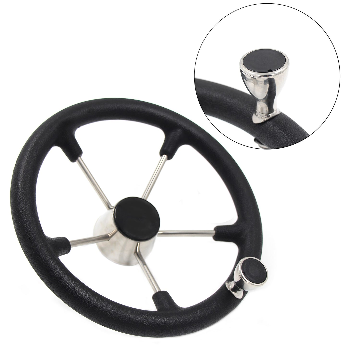 Black Marine Stainless Steel Steering Wheel With Anti-skid Function With Knob Grip