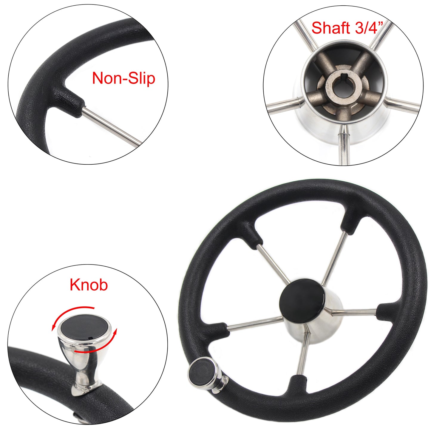 Black Marine Stainless Steel Steering Wheel With Anti-skid Function With Knob Grip